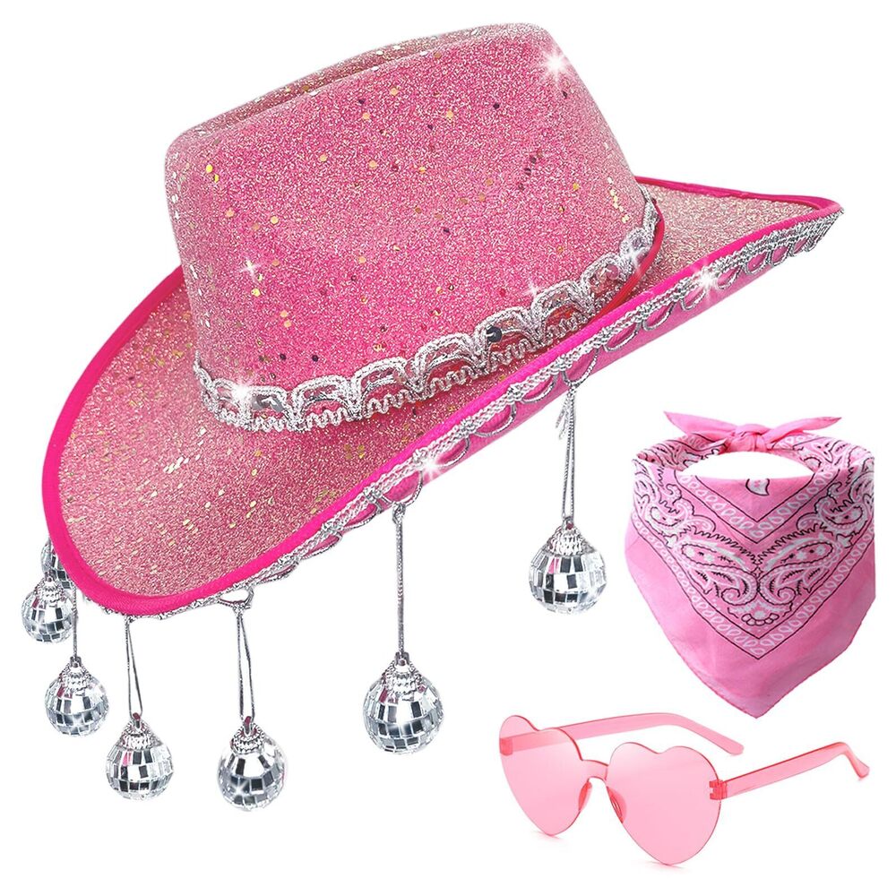 6945 Disco Sequin Cowgirl Hat With Heart Sunglasses And Bandana, Glitter